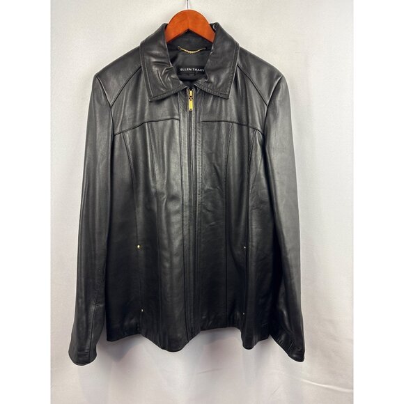Women’s Ellen Tracy XL Black Leather Jacket with Gold Hardware - Picture 1 of 6